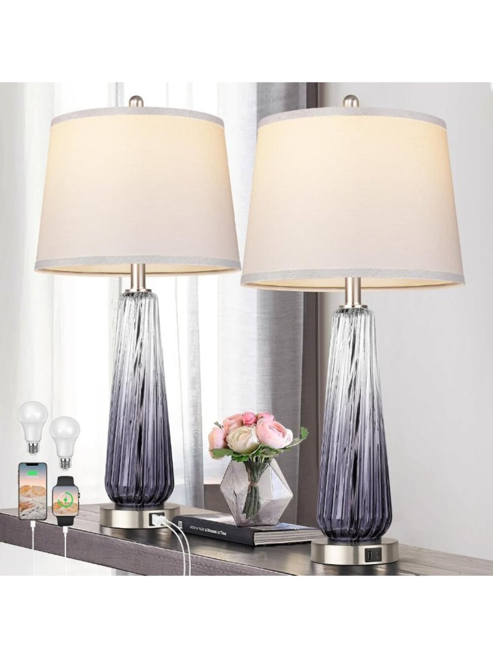 Modern Glass Table Lamps Set of 2 with USB Ports, Dimmable Touch Control, 27.5